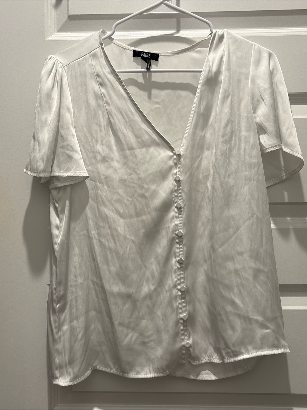 PAIGE Cream Satin V-Neck Button-Front Blouse